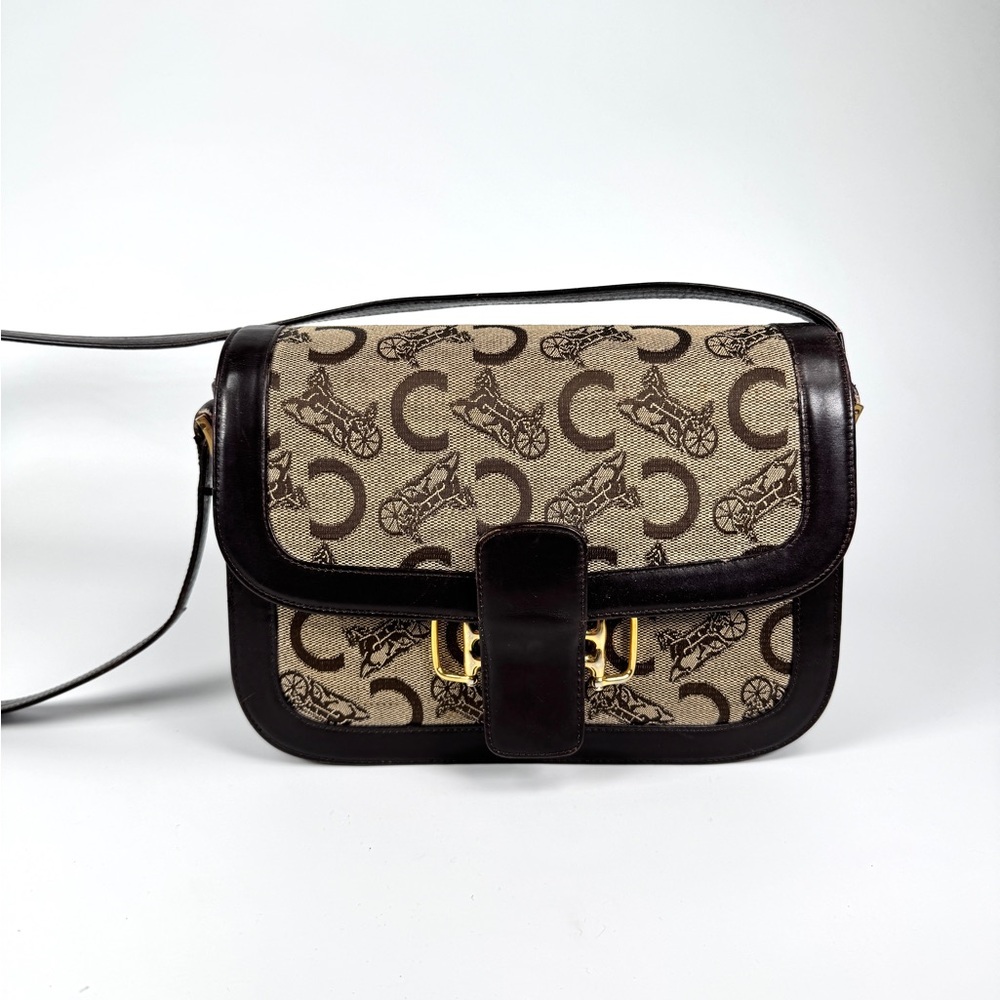 Vintage Celine brown leather and canvas horse carriage C bag